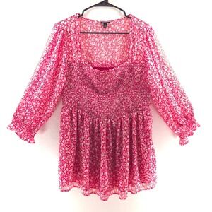 Torrid Women Top Babydoll Smocked 1 Pink Floral Chiffon Square Neck 3/4 Sleeve